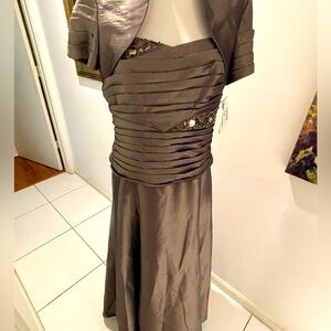 NWT KM Collection by Mila Bell Smoky Gray Gown  Jeweled & Bolero Jacket Size 14